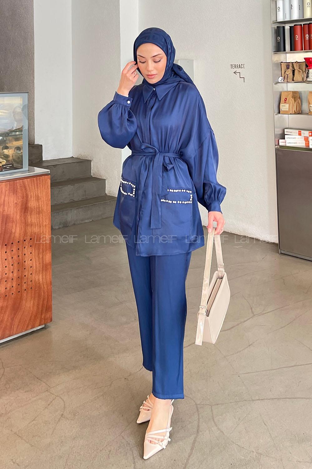 Lamelif Cep İnci Ve Taş Detaylı İkili Takım Lacivert