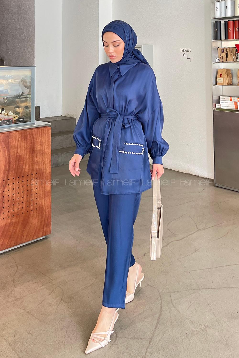 Lamelif Cep İnci Ve Taş Detaylı İkili Takım Lacivert