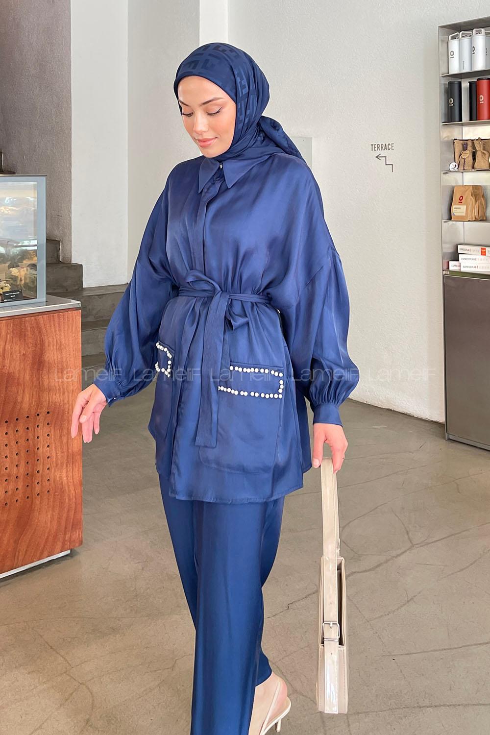 Lamelif Cep İnci Ve Taş Detaylı İkili Takım Lacivert