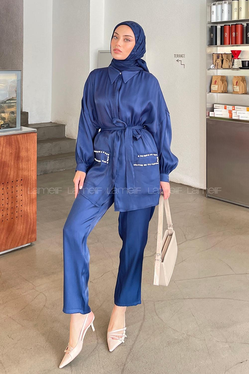 Lamelif Cep İnci Ve Taş Detaylı İkili Takım Lacivert