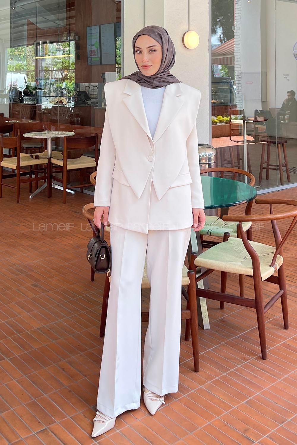 Lamelif Ön Parçalı Blazer Ceket Takım Krem