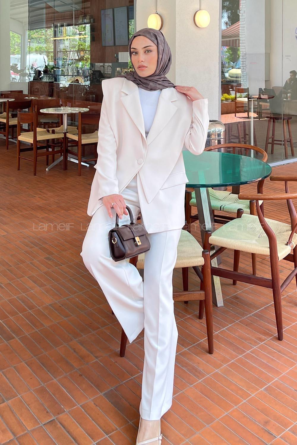 Lamelif Ön Parçalı Blazer Ceket Takım Krem