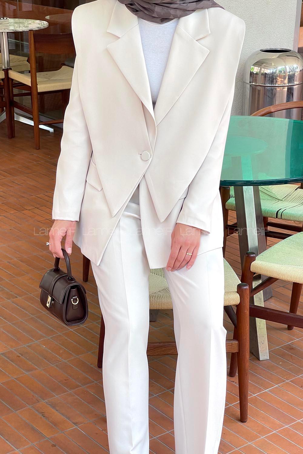 Lamelif Ön Parçalı Blazer Ceket Takım Krem
