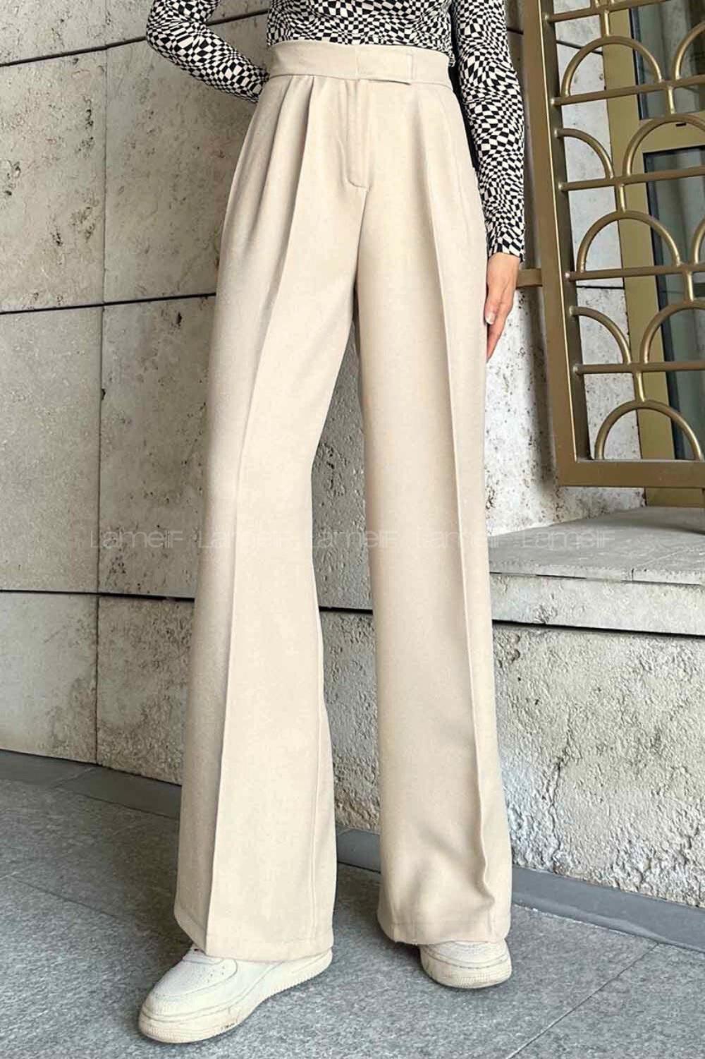 Lamelif Beli Cırt Cırtlı Palazzo Model Pantolon Taş Rengi