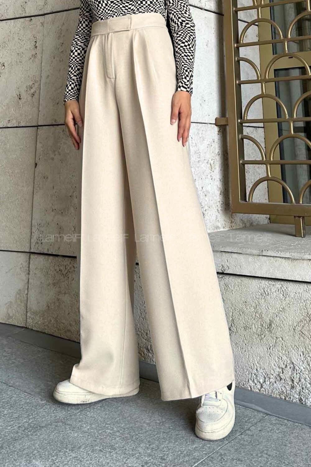 Lamelif Beli Cırt Cırtlı Palazzo Model Pantolon Taş Rengi