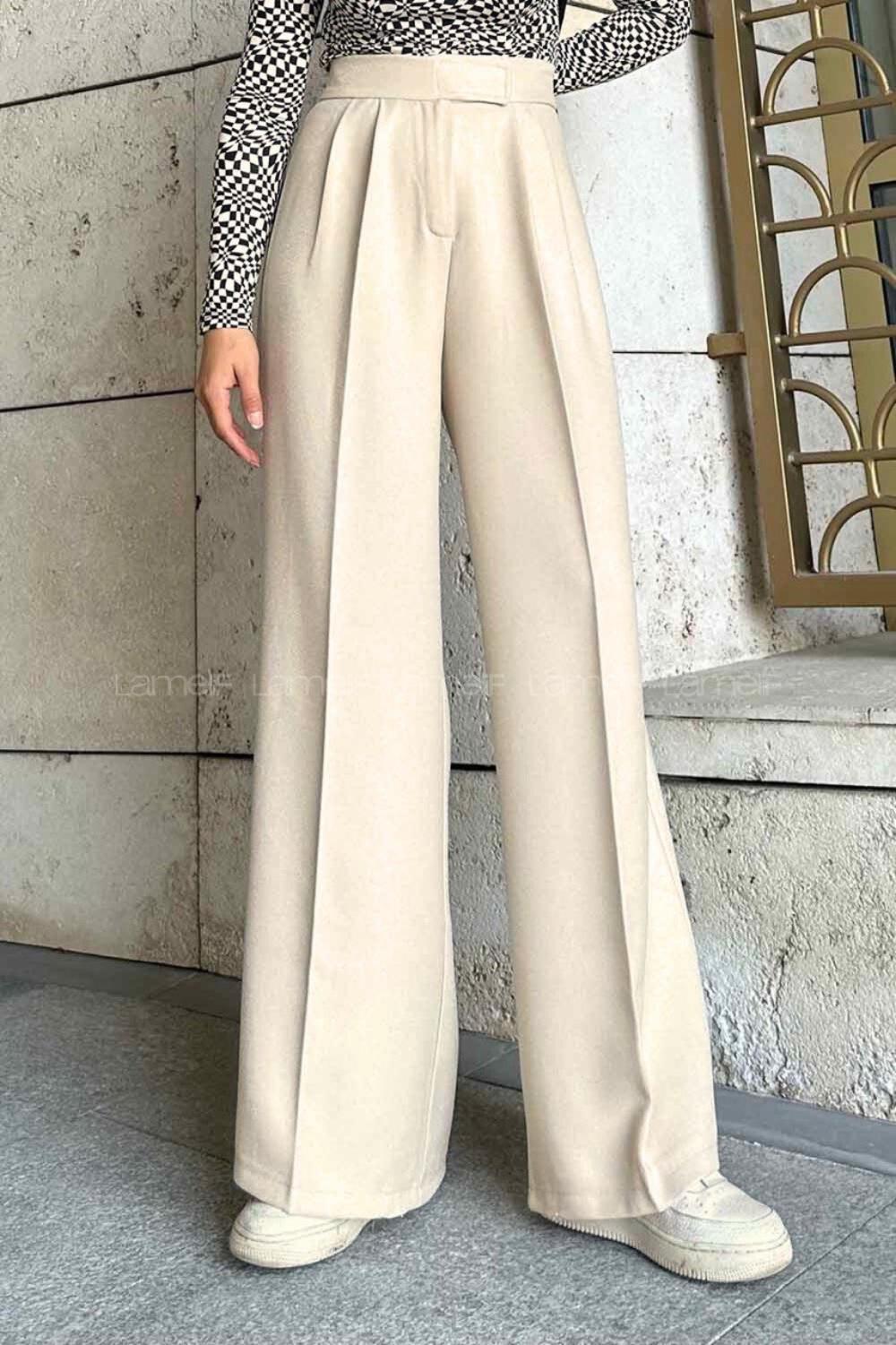 Lamelif Beli Cırt Cırtlı Palazzo Model Pantolon Taş Rengi