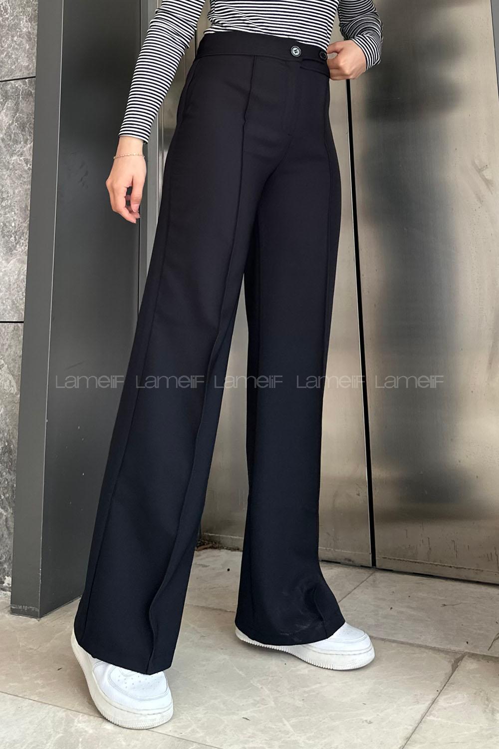 Lamelif Çımalı Çift Düğme Detaylı Pantolon Siyah