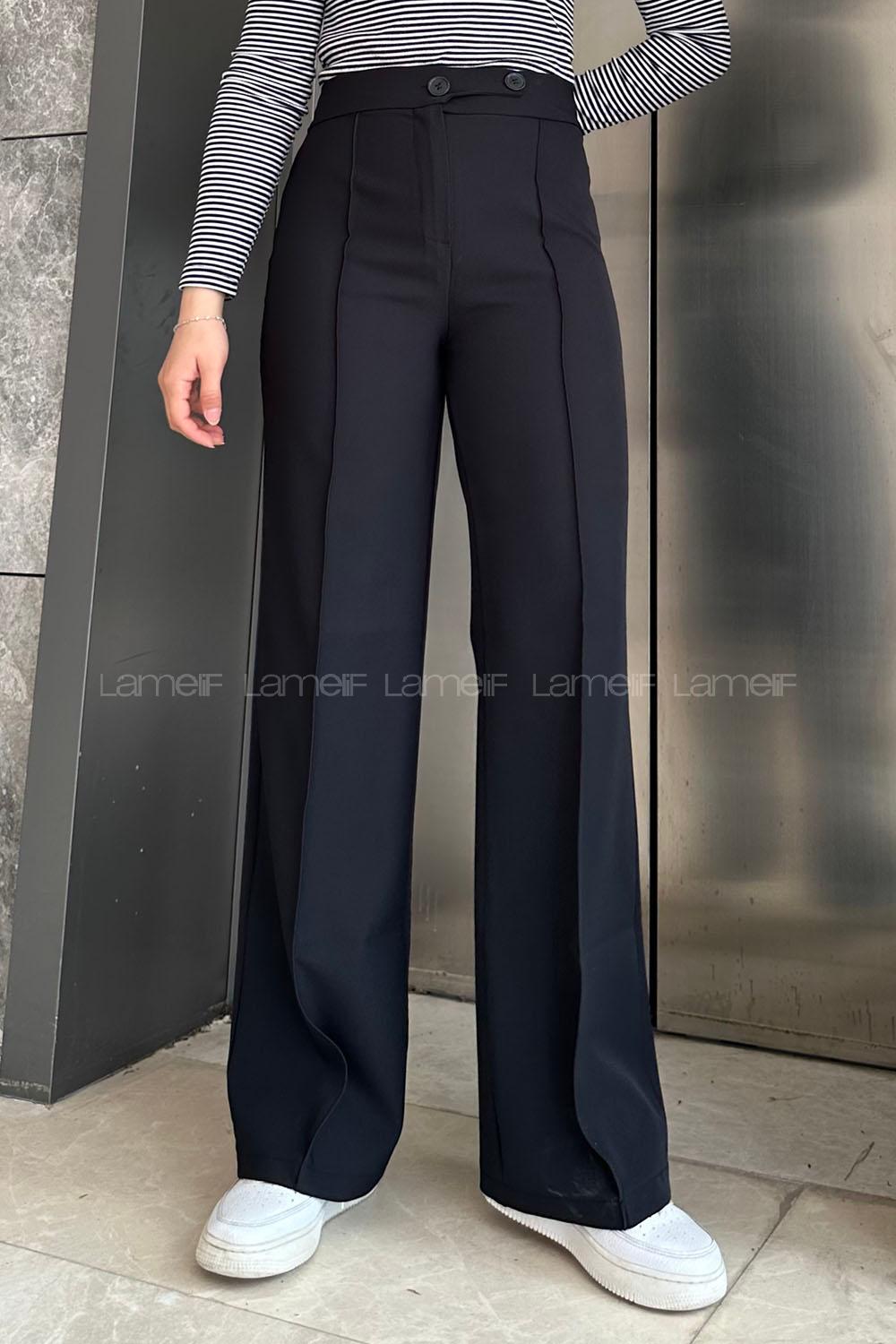 Lamelif Çımalı Çift Düğme Detaylı Pantolon Siyah