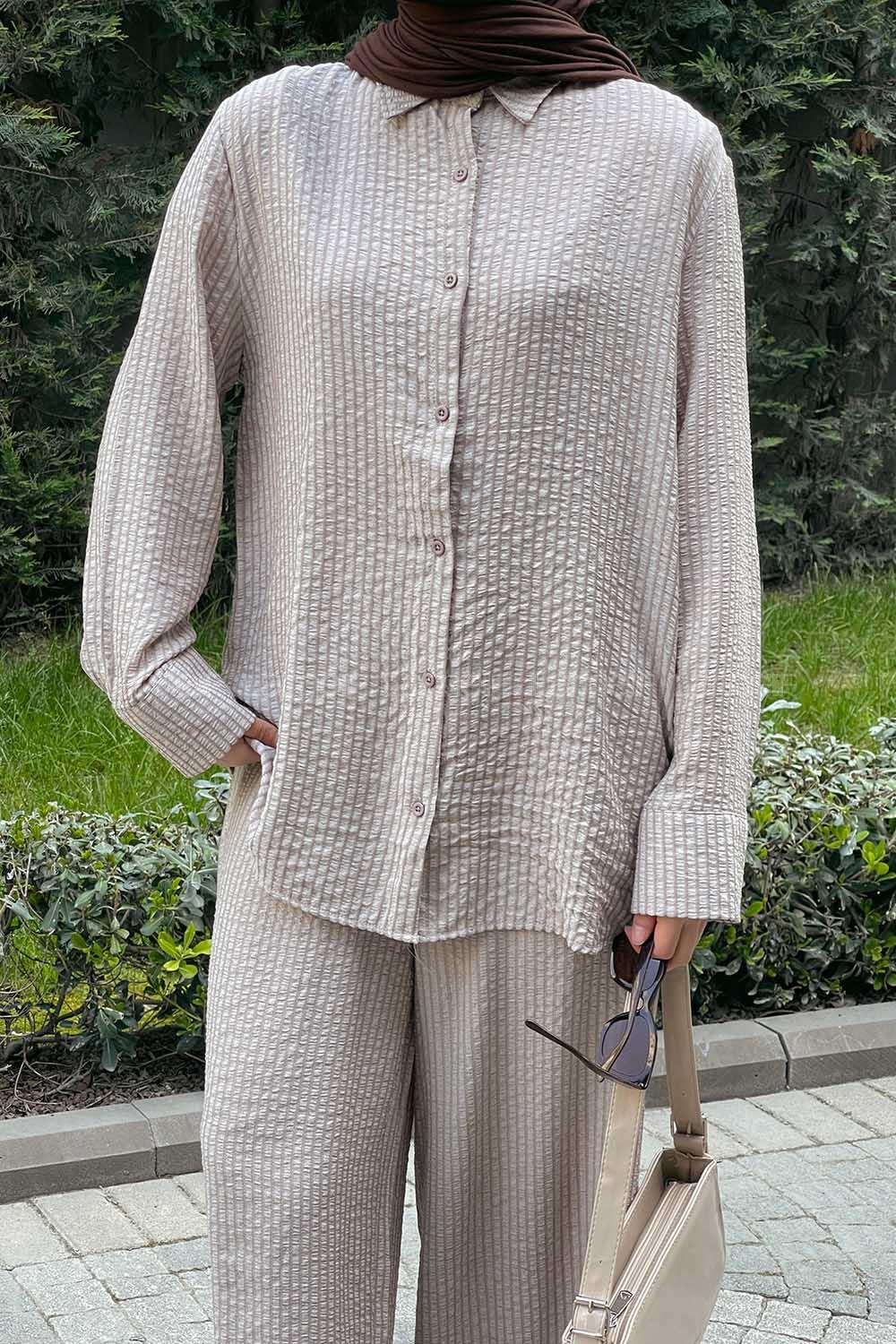 Lamelif Çizgi Detaylı İkili Tesettür Takım Sütlü Kahve