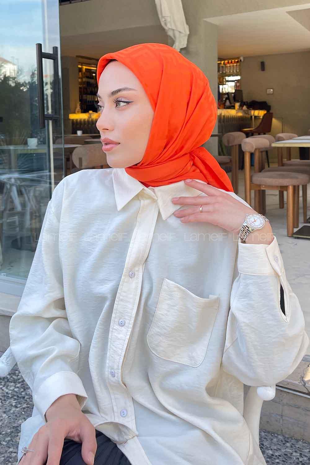 Lamelif F Desen Jakar Eşarp Oranj
