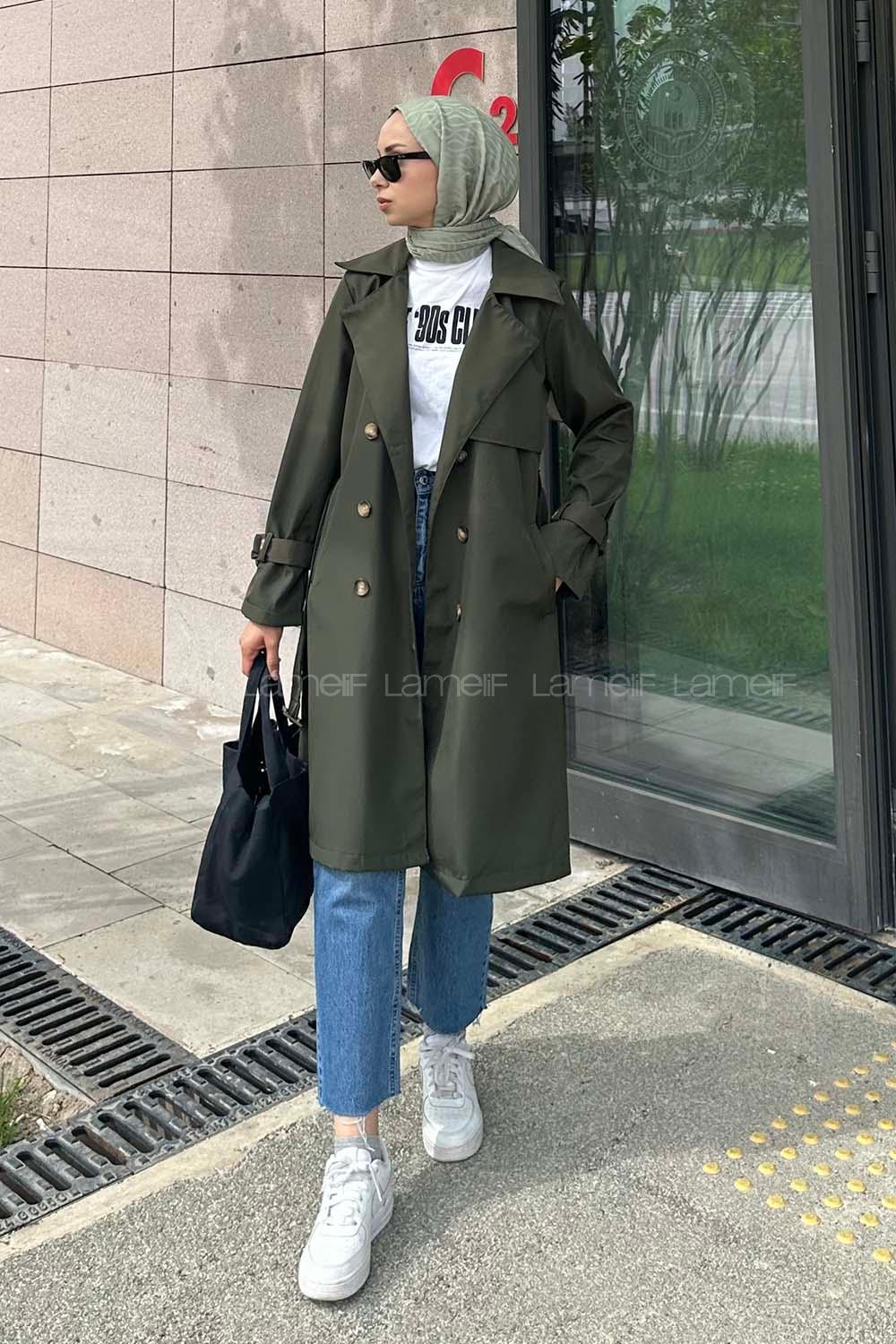 Khaki Long Arm Belted Cotton Trench Coat