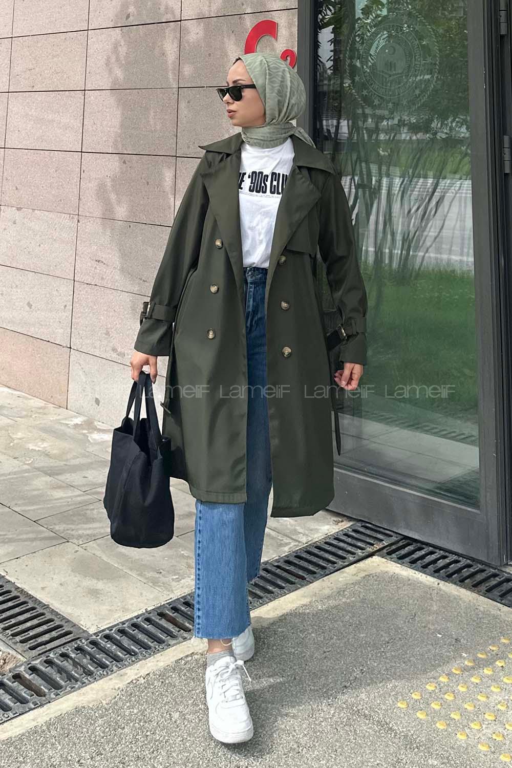 Khaki Long Arm Belted Cotton Trench Coat