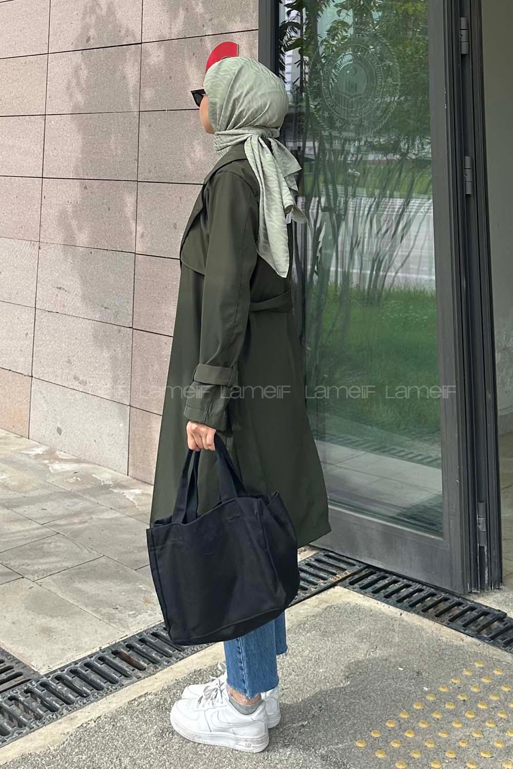 Khaki Long Arm Belted Cotton Trench Coat