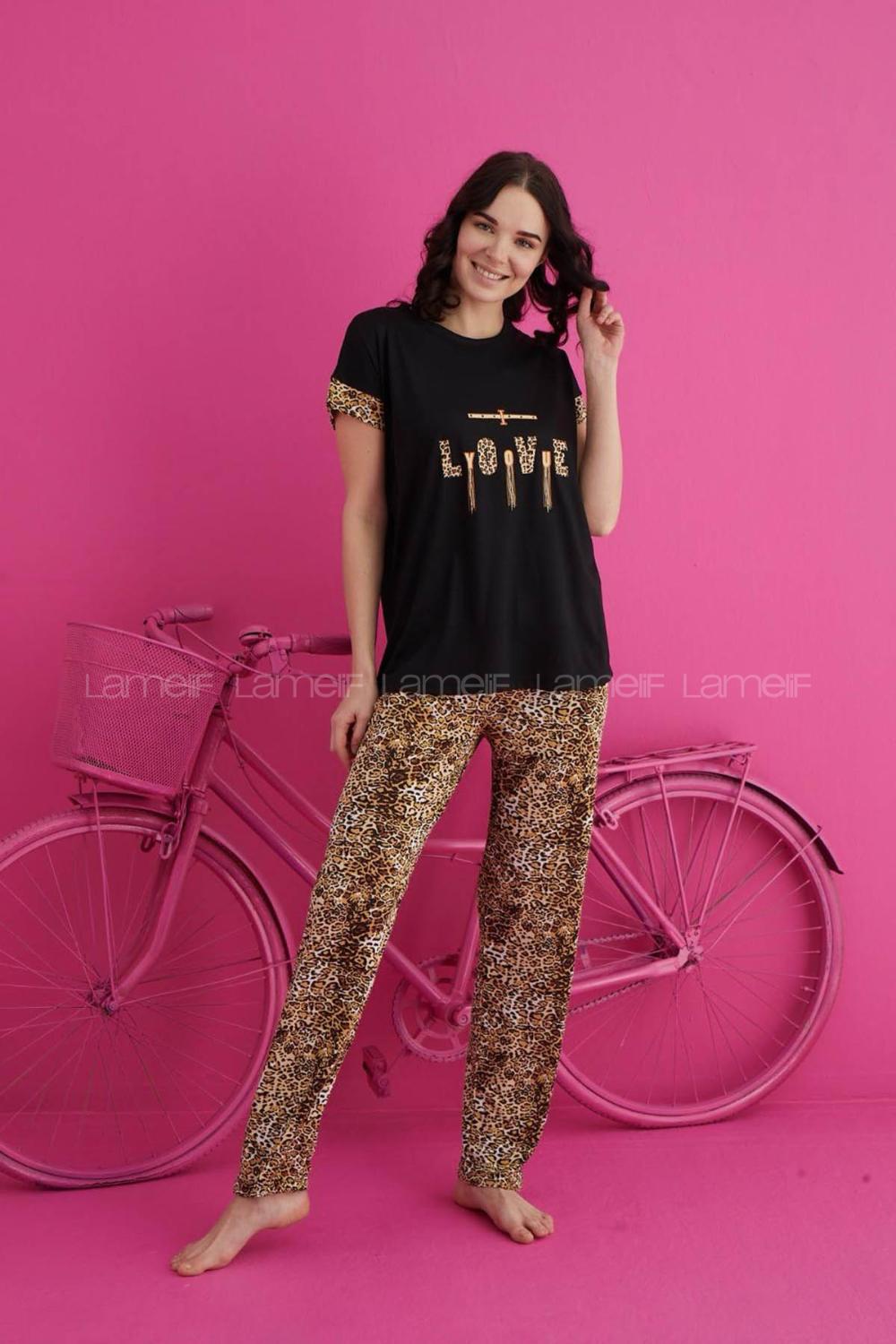 Lamelif Viskon Pijama Takımı Siyah-Leopar