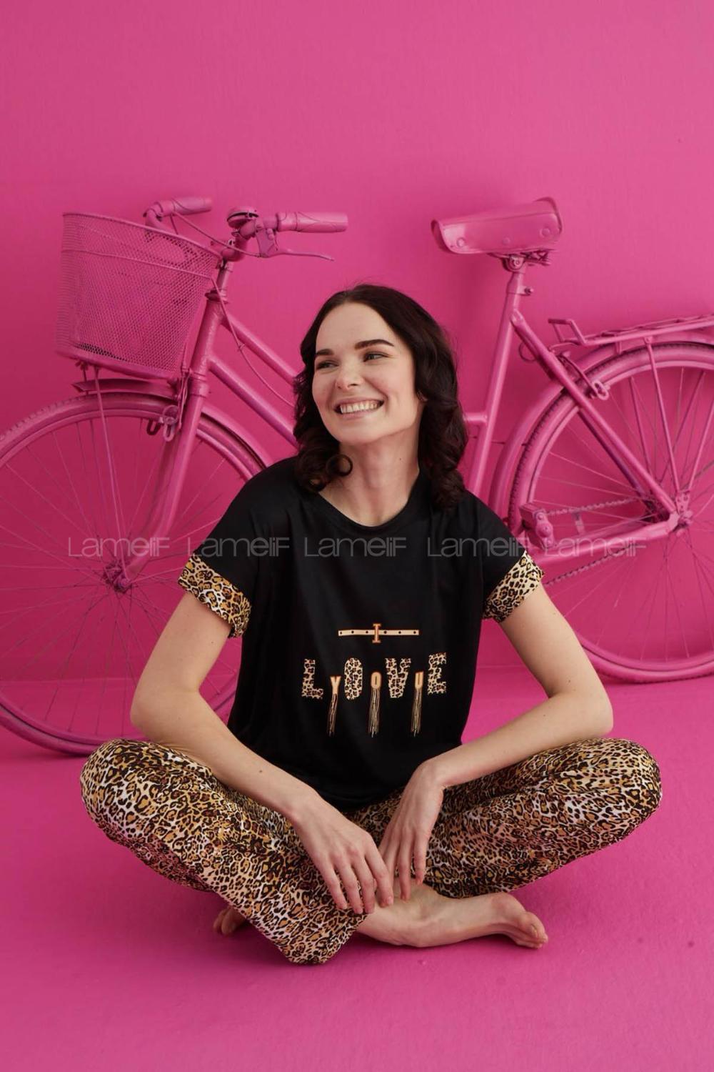Lamelif Viskon Pijama Takımı Siyah-Leopar