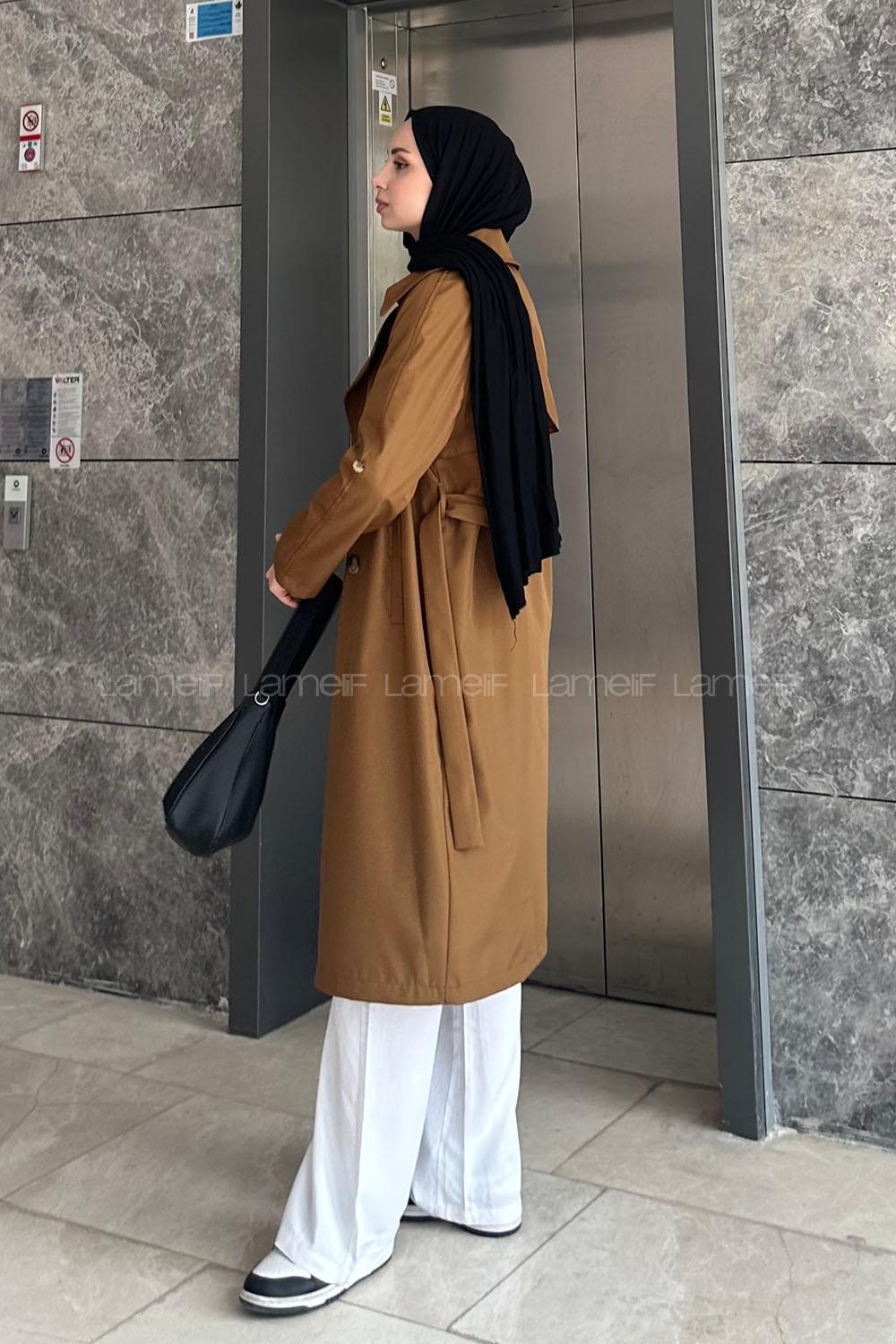 Lamelif Kol Katlamalı Trençkot Camel