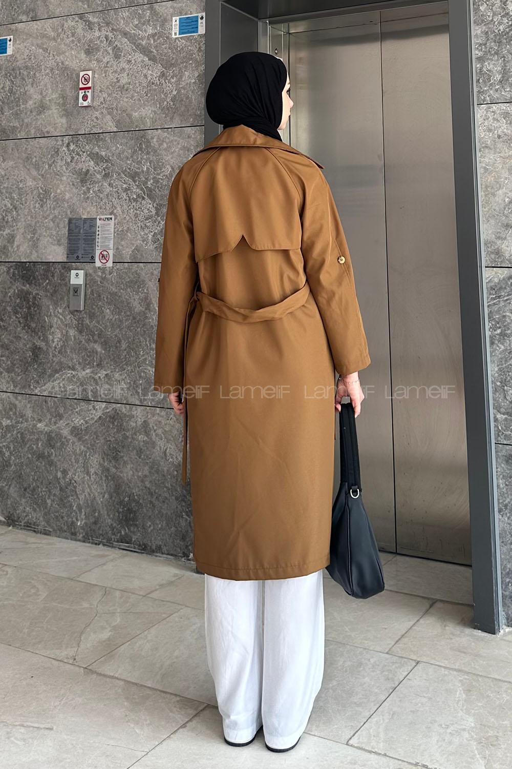 Lamelif Kol Katlamalı Trençkot Camel