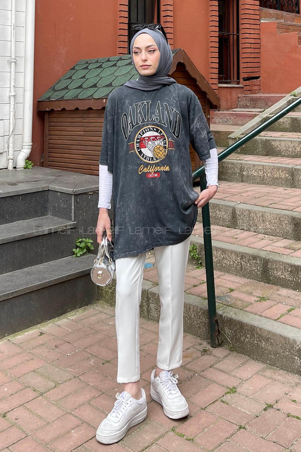 Lamelif Bisiklet Yaka  Baskı Detaylı T-Shirt Füme