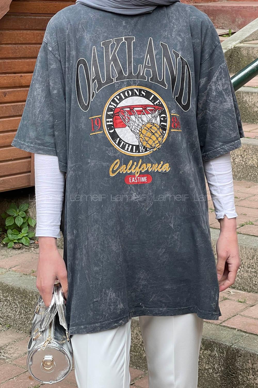 Lamelif Bisiklet Yaka  Baskı Detaylı T-Shirt Füme