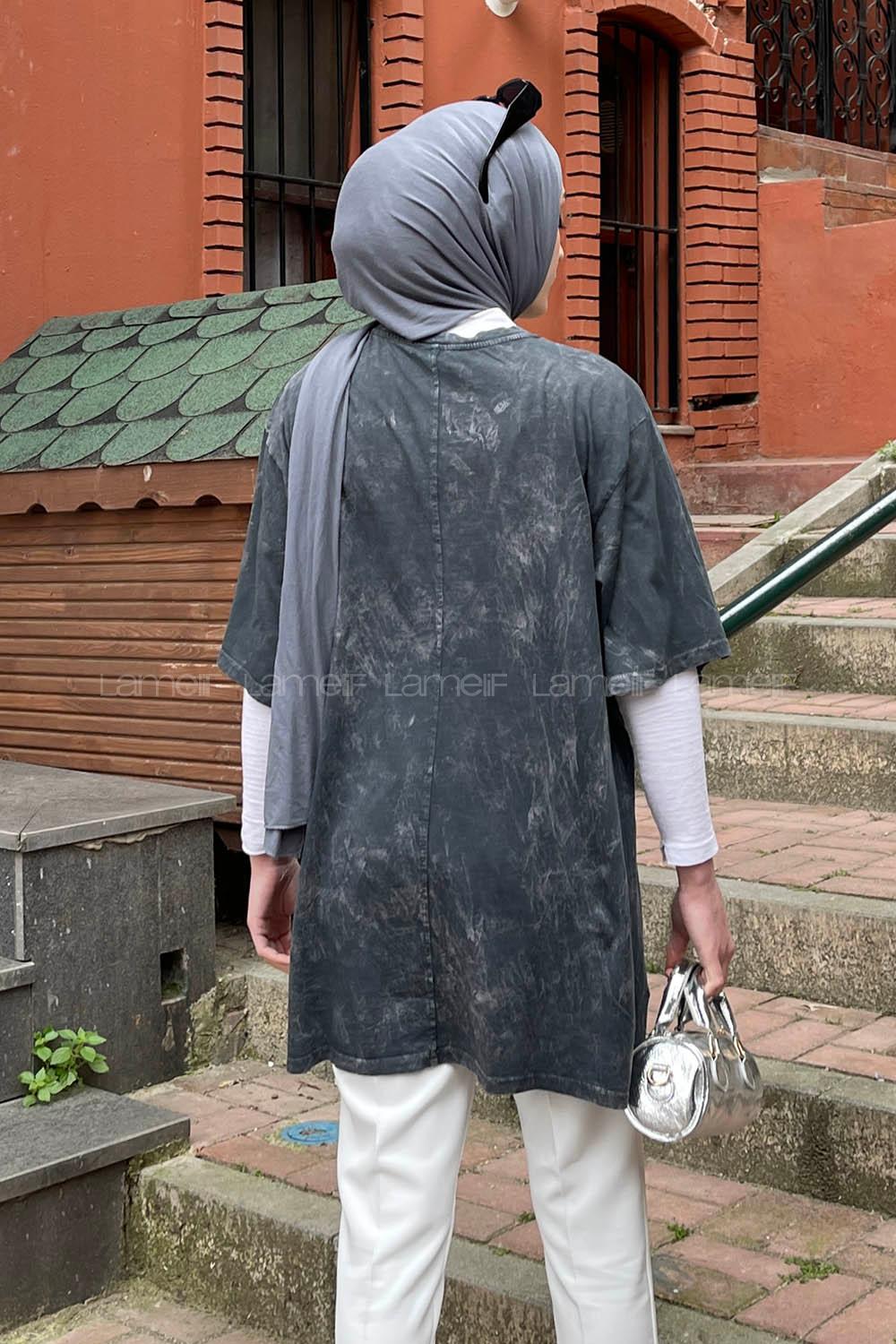 Lamelif Bisiklet Yaka  Baskı Detaylı T-Shirt Füme