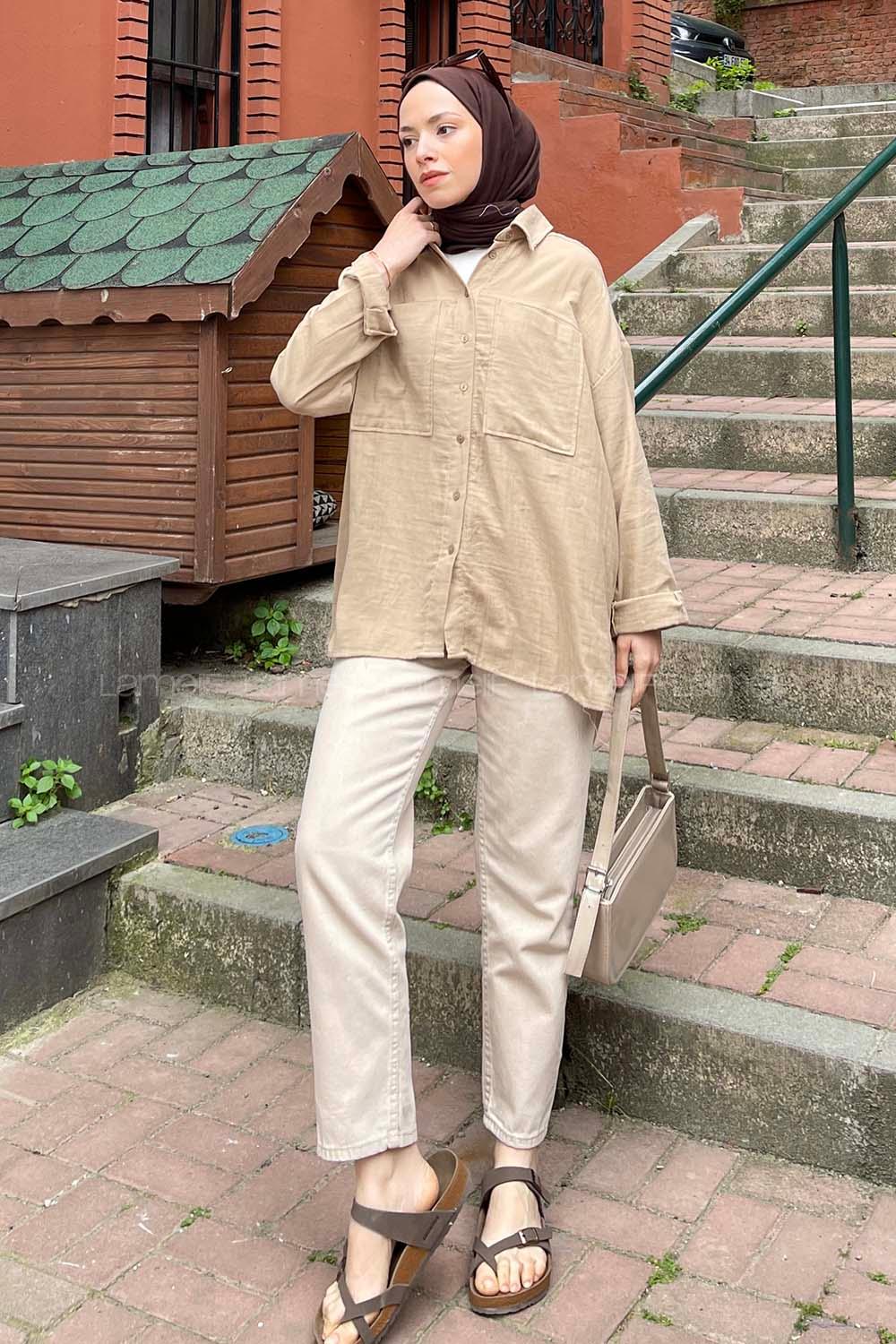 Brown With Milk Shirt Collar Long Arm Viscose Fabric Shirt