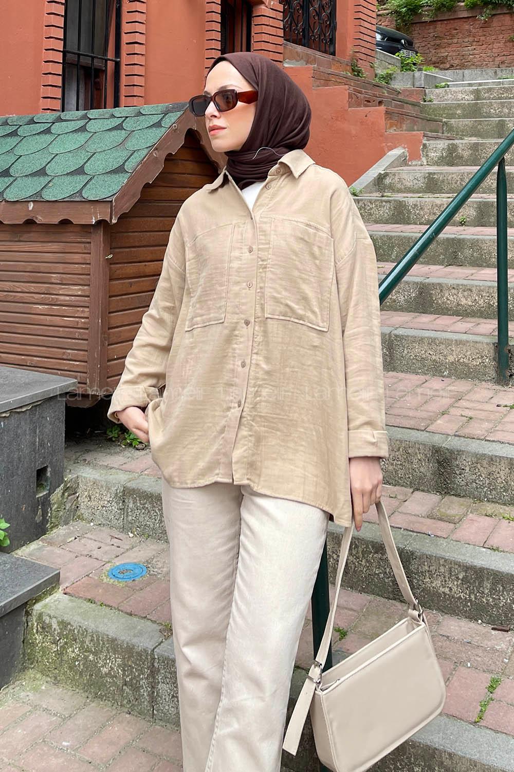 Brown With Milk Shirt Collar Long Arm Viscose Fabric Shirt