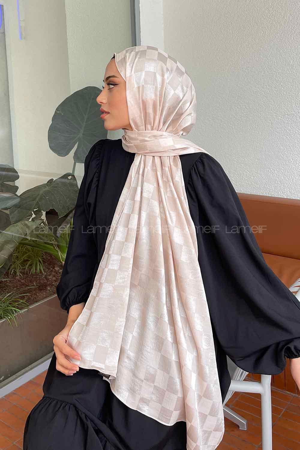 Lamelif Dama Desen Jakar Şal Açık Bej