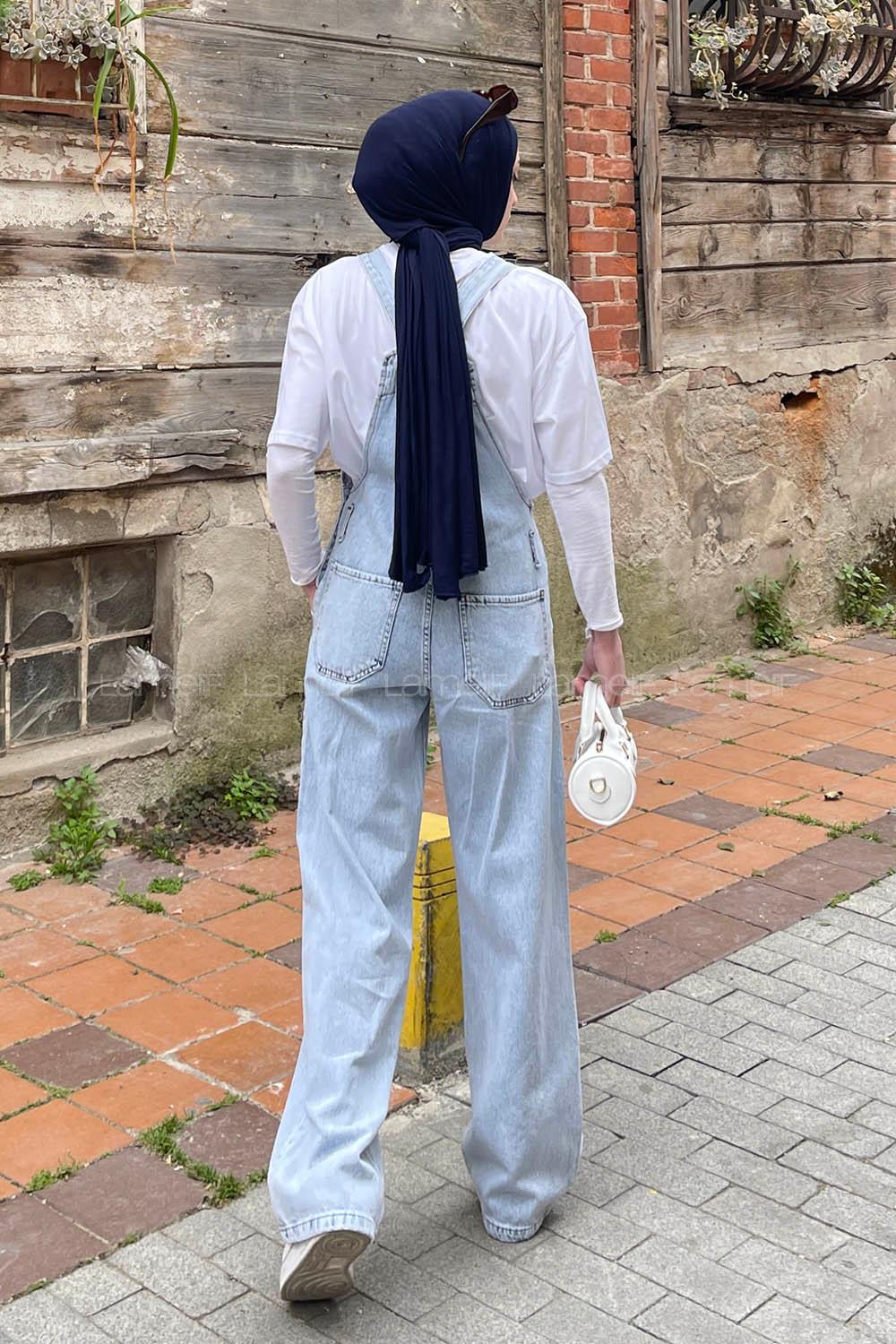 Lamelif Dekoratif Cep Detaylı Kot Tulum Buz Mavisi