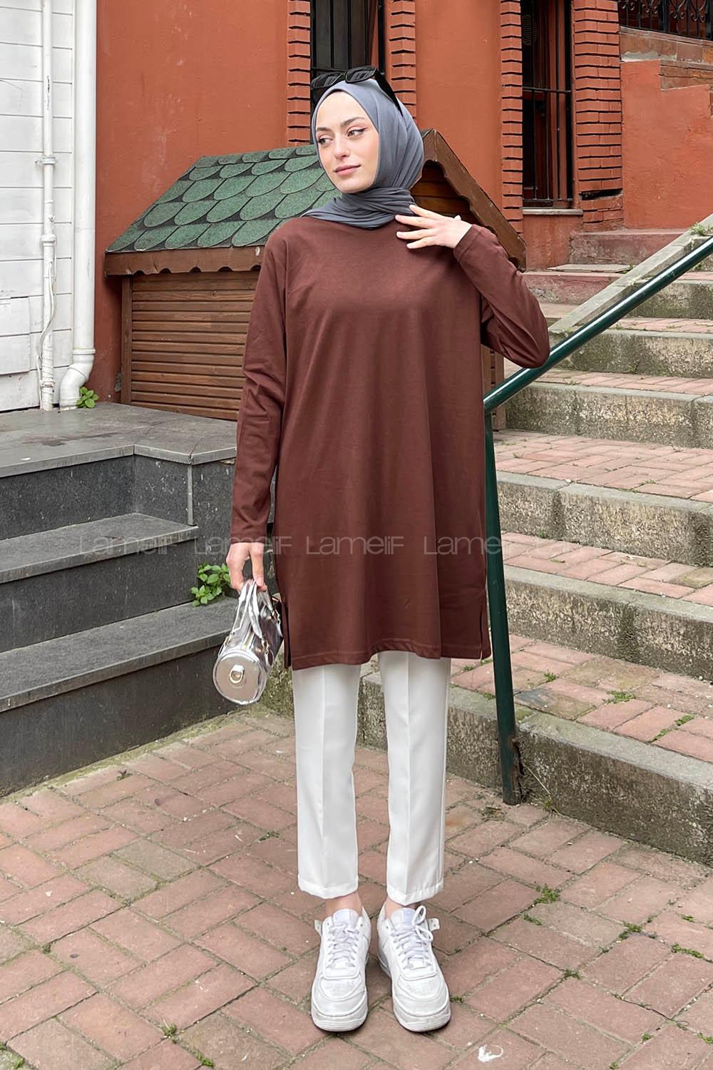 Lamelif İki İplik Yırtmaç Detaylı Tunik Acı Kahve