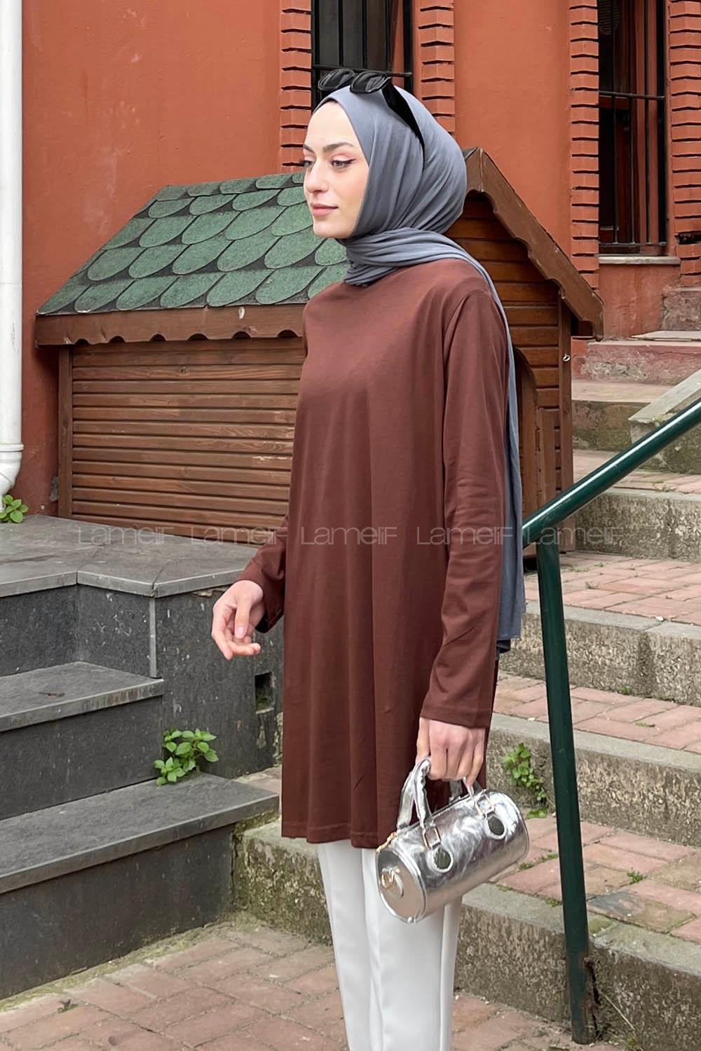 Lamelif İki İplik Yırtmaç Detaylı Tunik Acı Kahve