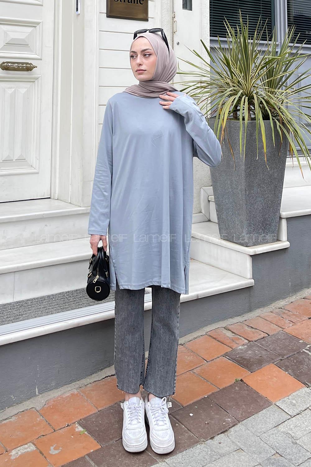 Lamelif İki İplik Yırtmaç Detaylı Tunik Gri