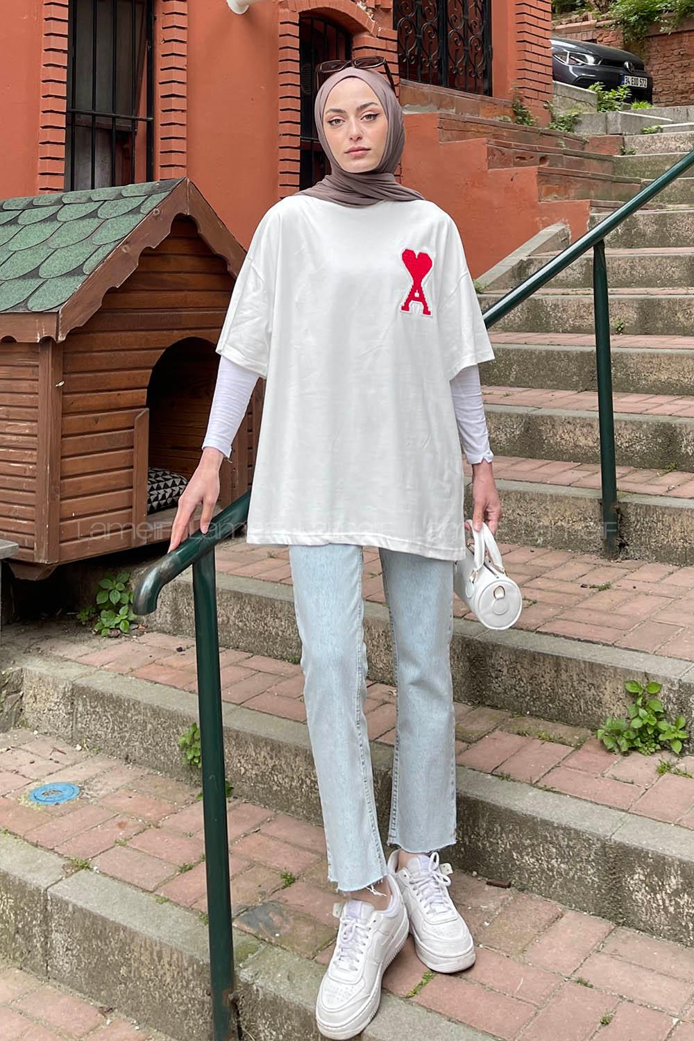 Lamelif  Kabartma Nakış  Kalp Baskılı Tshirt Beyaz