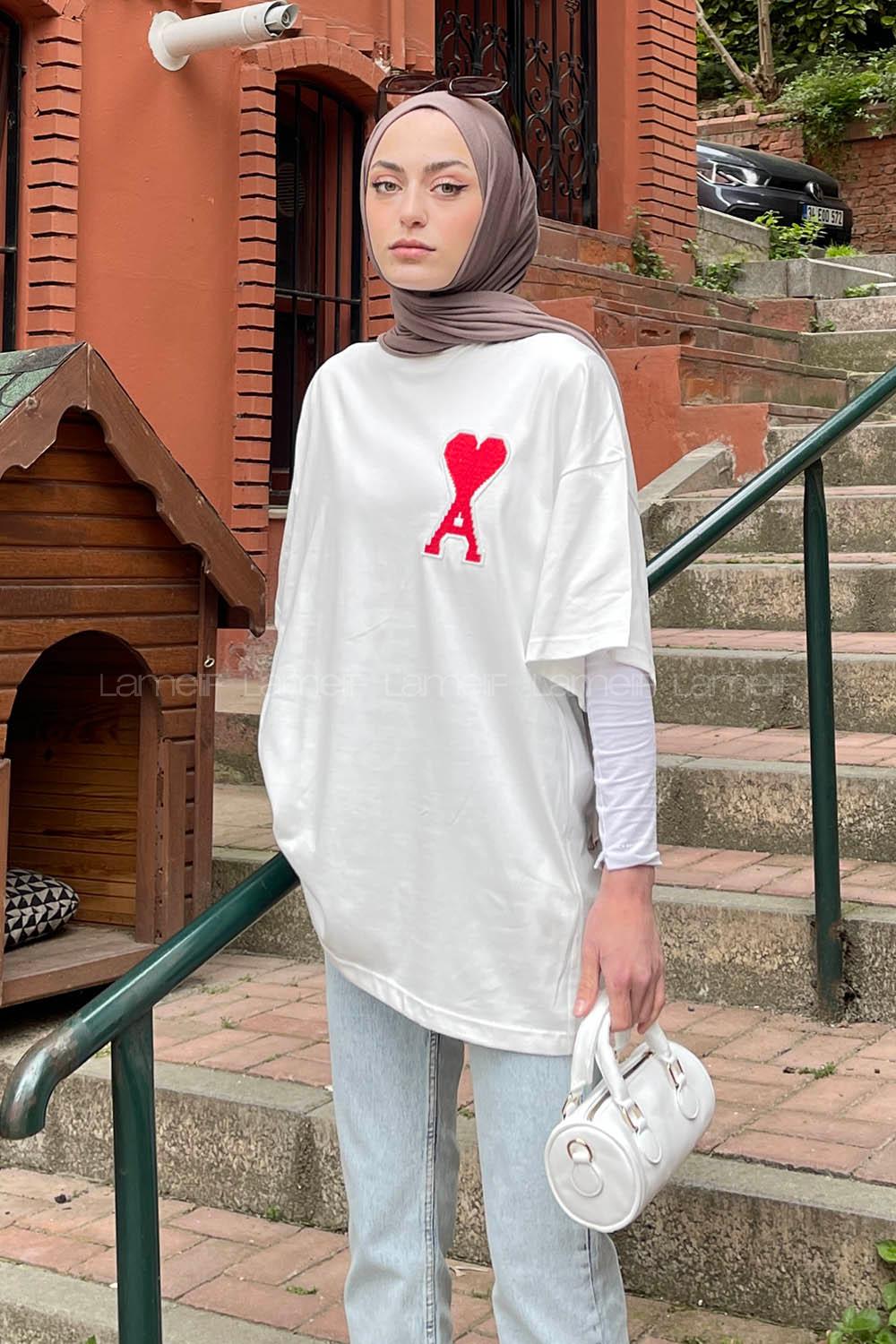 Lamelif  Kabartma Nakış  Kalp Baskılı Tshirt Beyaz