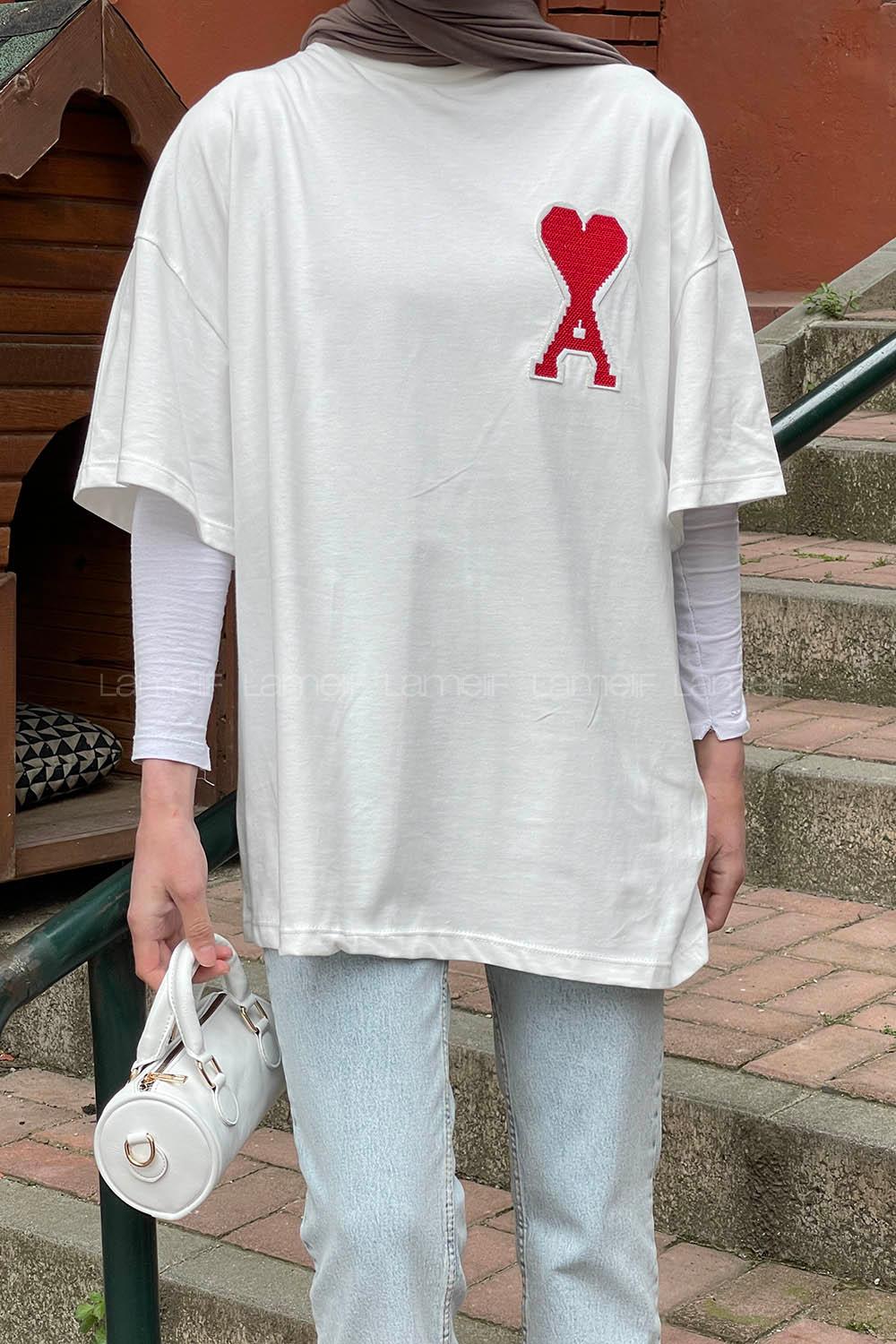 Lamelif  Kabartma Nakış  Kalp Baskılı Tshirt Beyaz