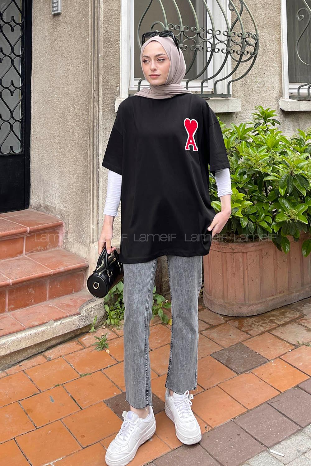 Lamelif  Kabartma Nakış  Kalp Baskılı Tshirt Siyah