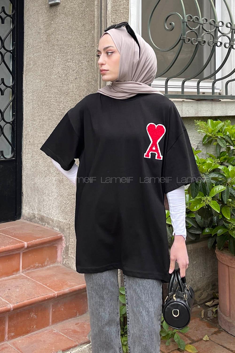 Lamelif  Kabartma Nakış  Kalp Baskılı Tshirt Siyah