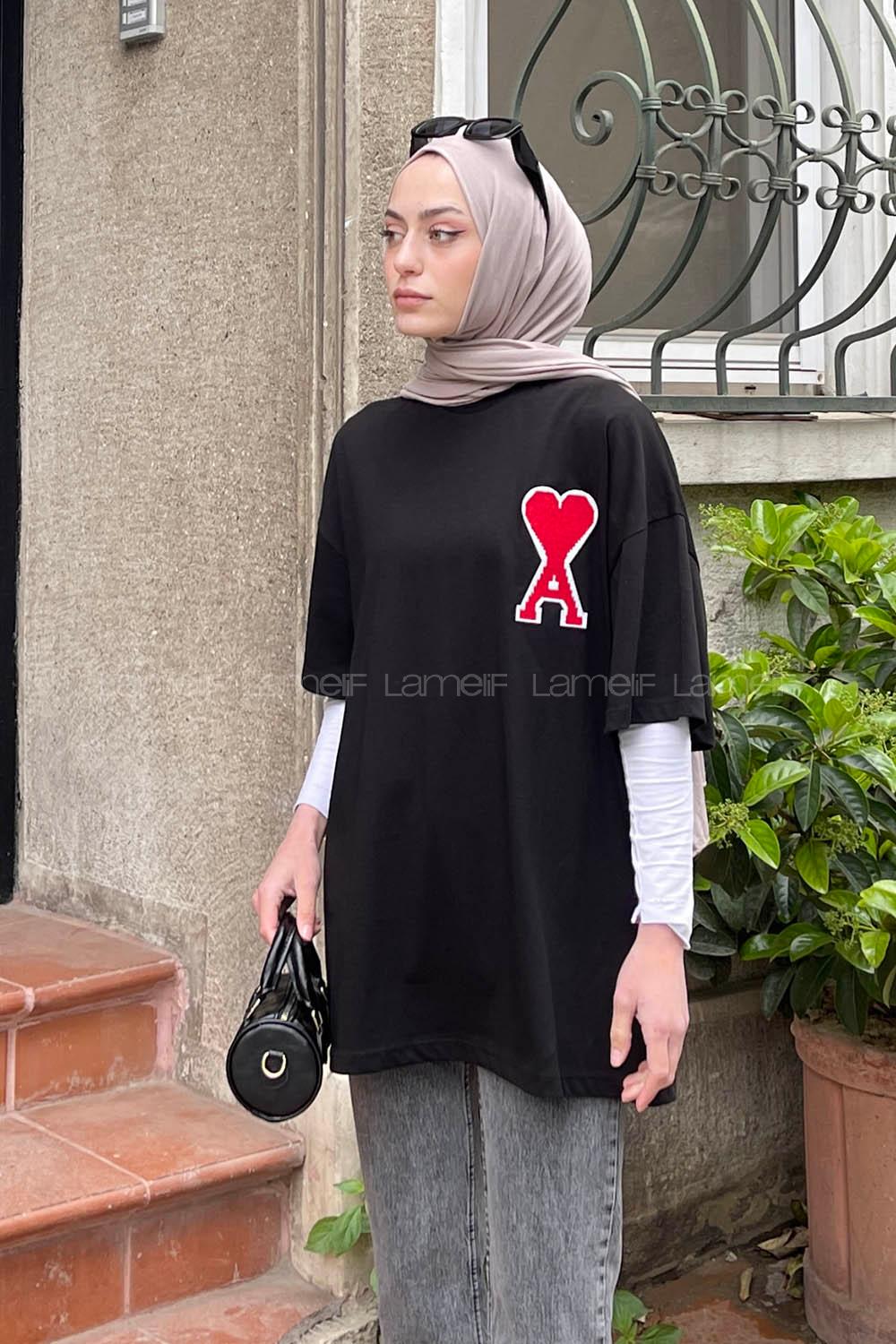 Lamelif  Kabartma Nakış  Kalp Baskılı Tshirt Siyah