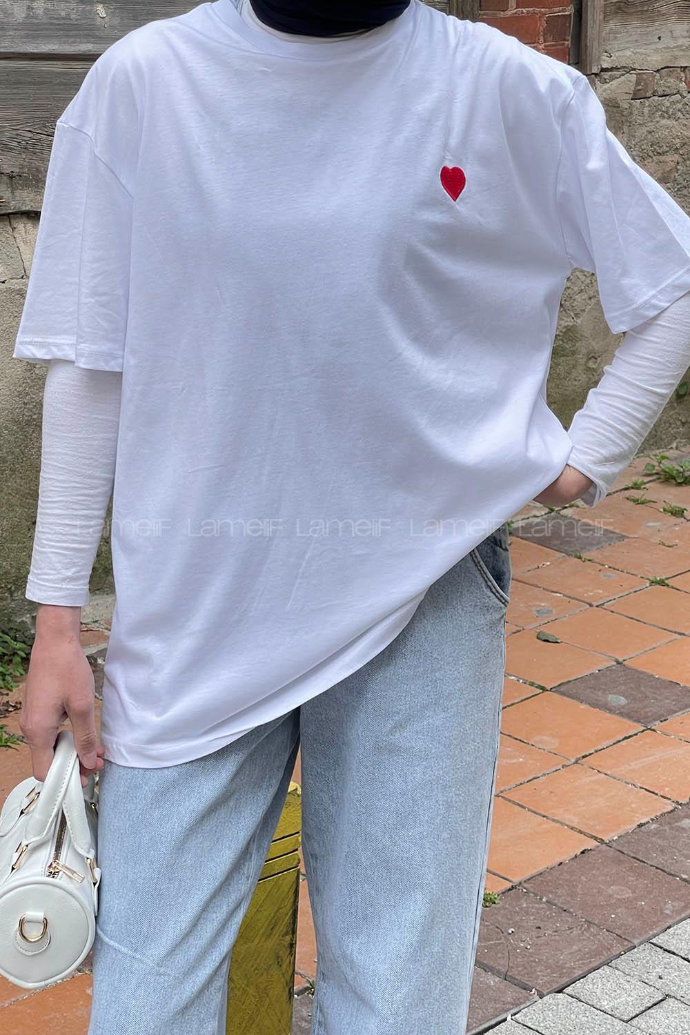Lamelif Kalp Detaylı Tshirt Beyaz