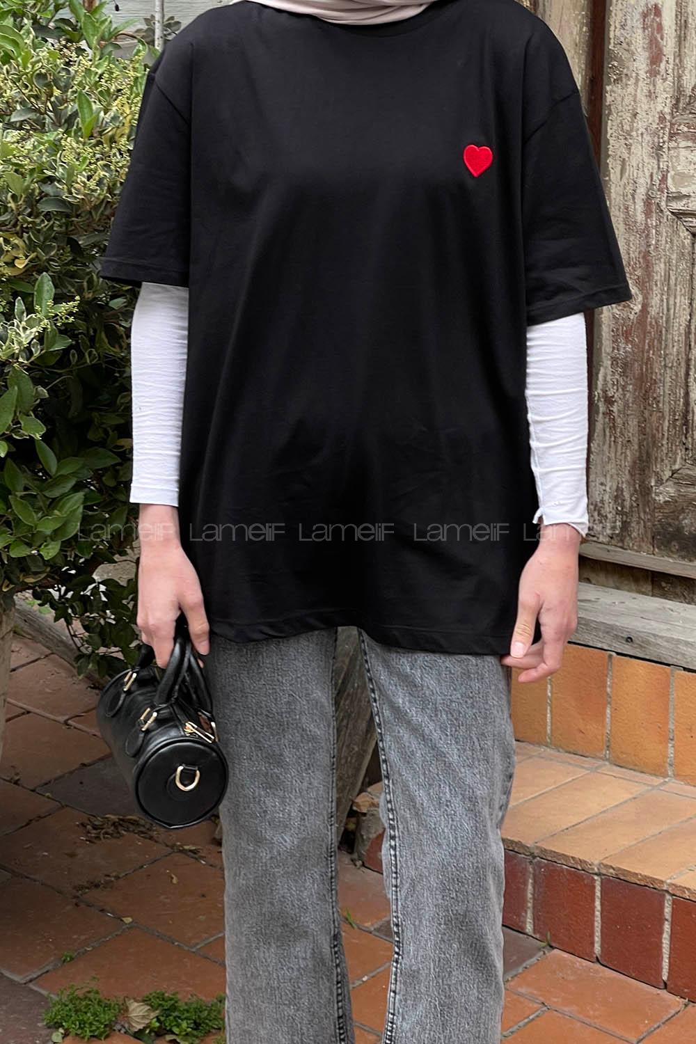 Lamelif Kalp Detaylı Tshirt Siyah