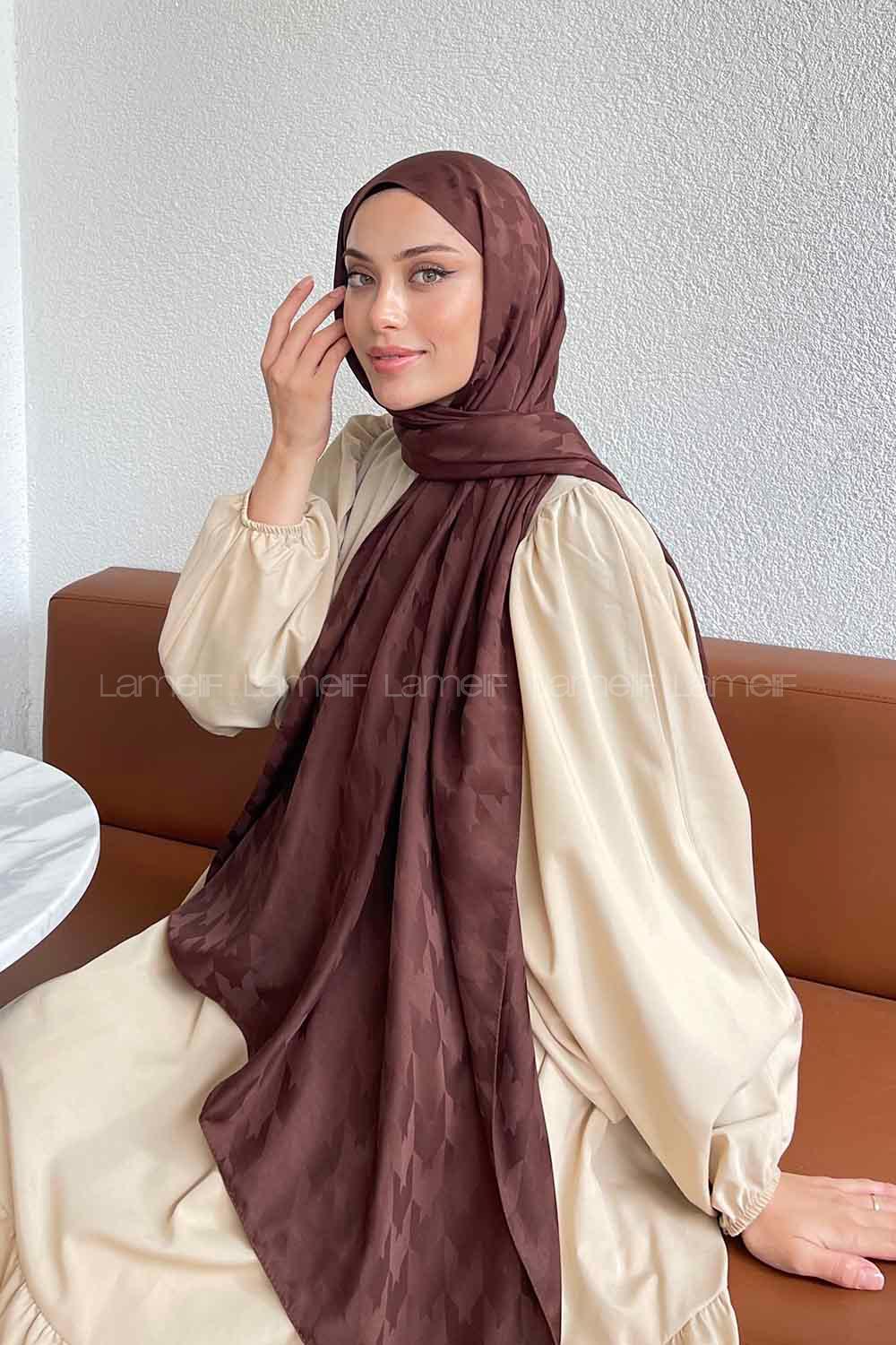 Lamelif Kazayağı Desen Jakar Serisi Şal Koyu Kahve
