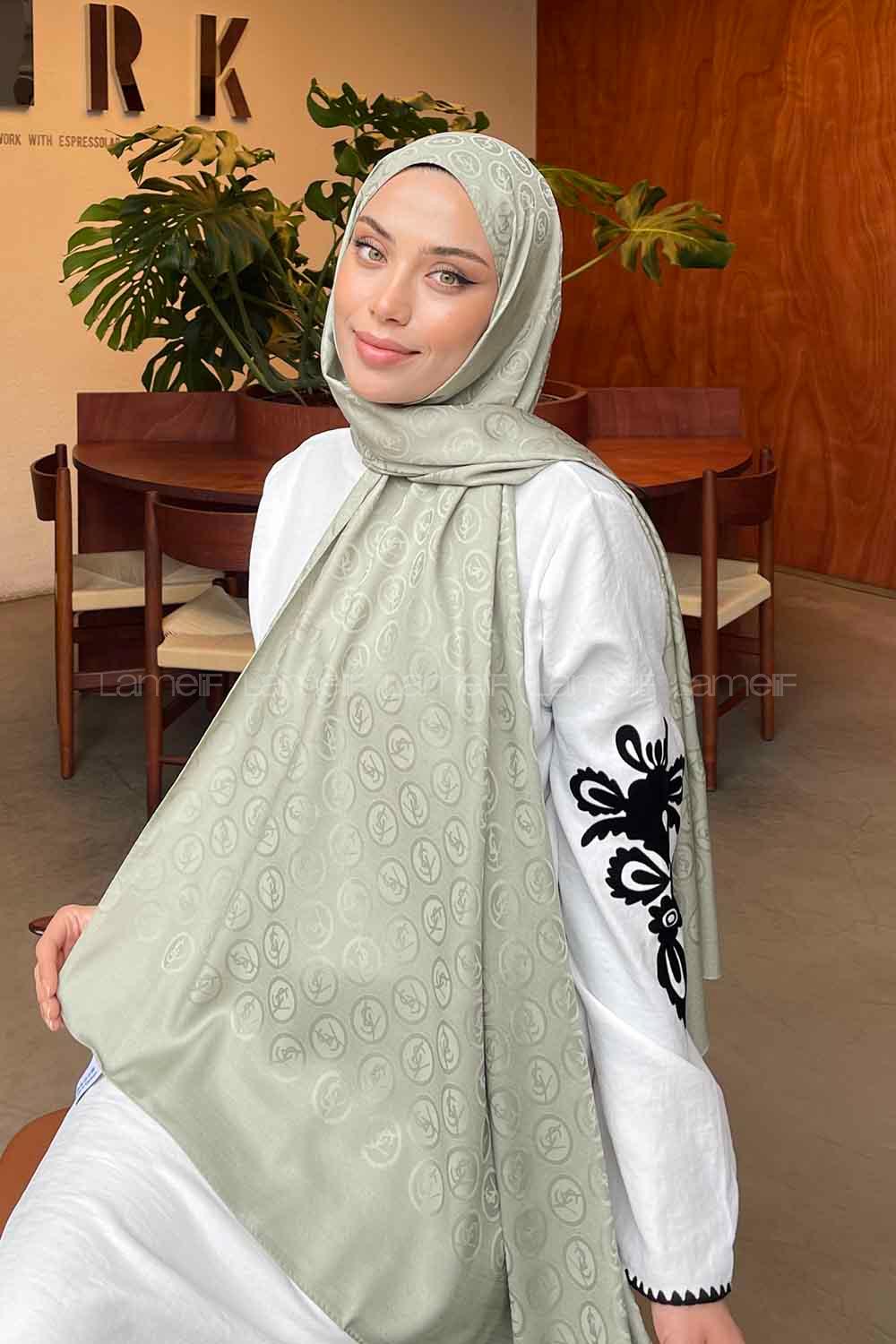 Lamelif LSY Desen Jakar Serisi Şal Açık Yeşil