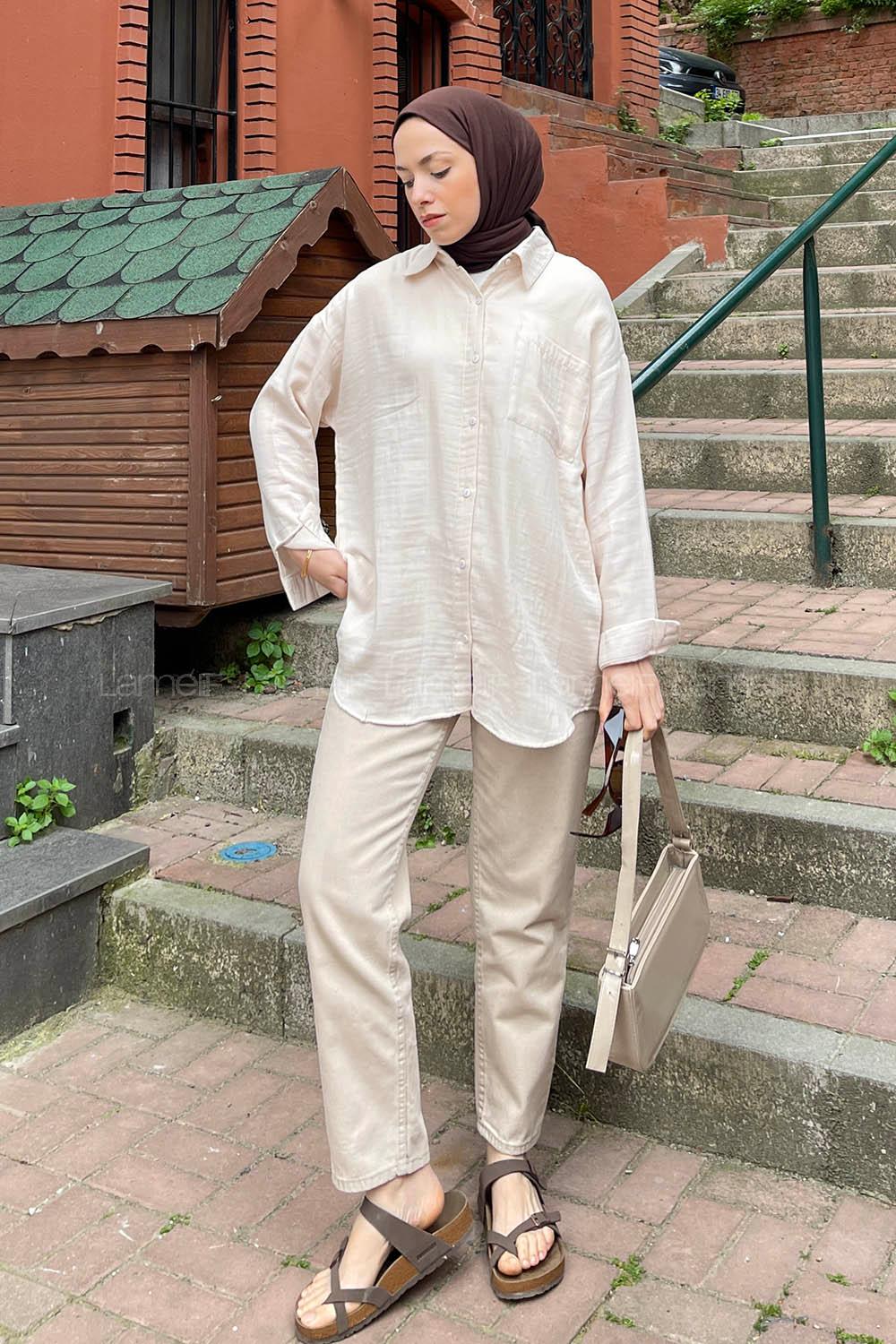 Cream Shirt Collar Long Arm Viscose Fabric Shirt