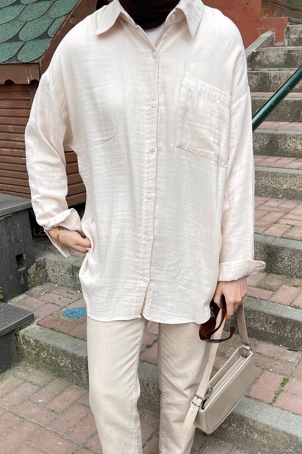 Cream Shirt Collar Long Arm Viscose Fabric Shirt