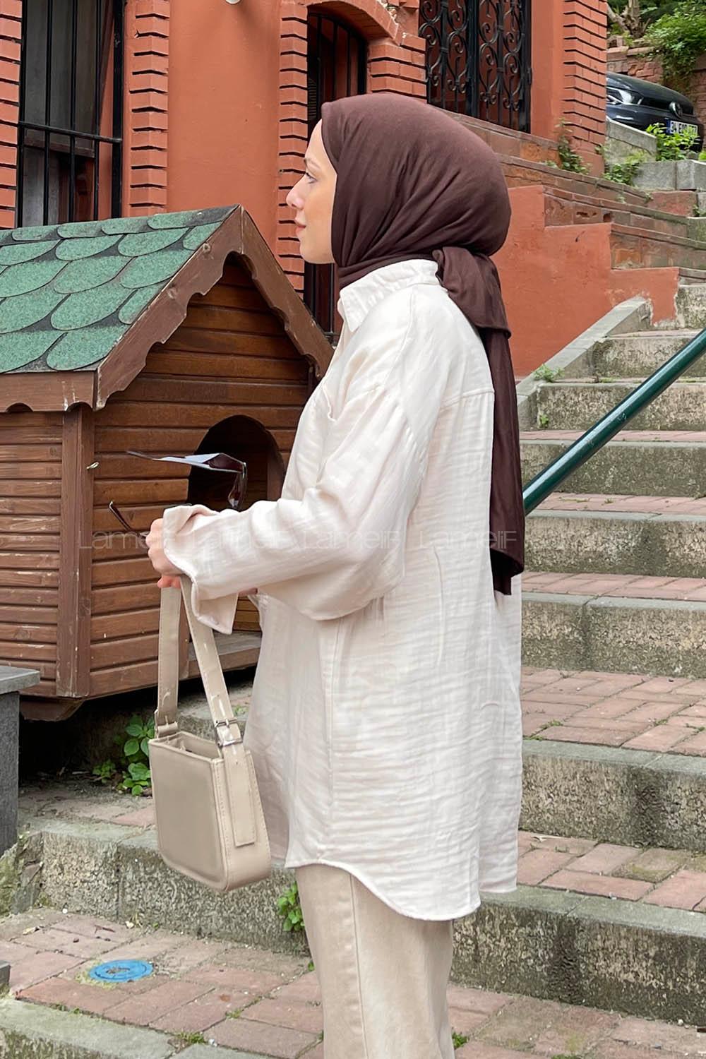 Cream Shirt Collar Long Arm Viscose Fabric Shirt