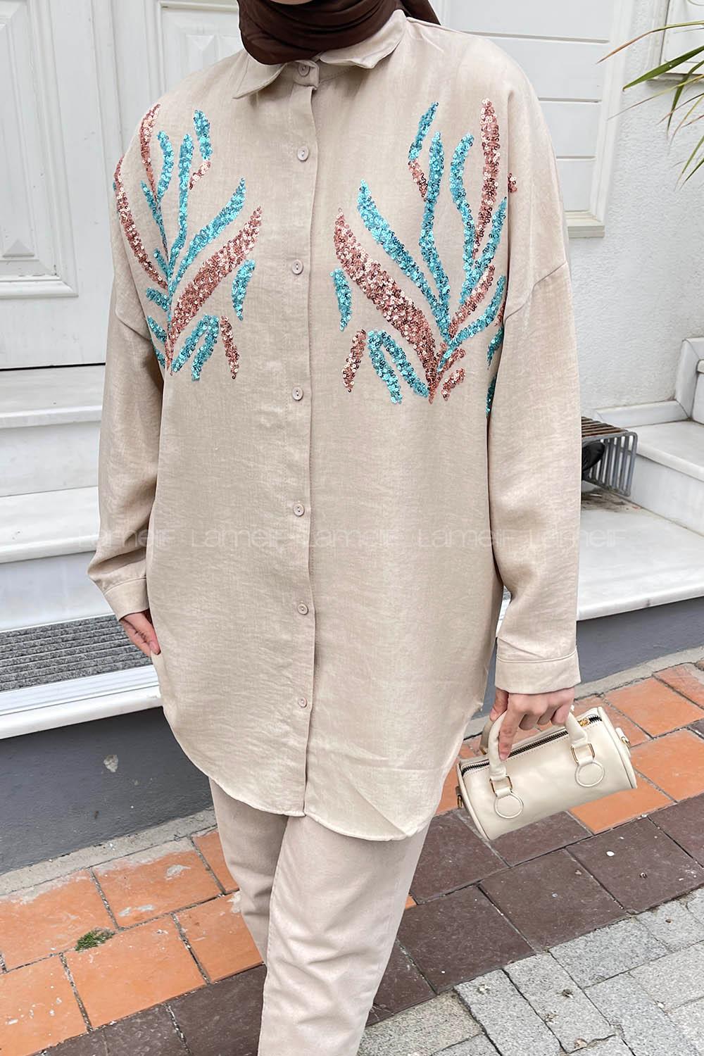 Lamelif Pul Payet Detaylı Gömlek Bej