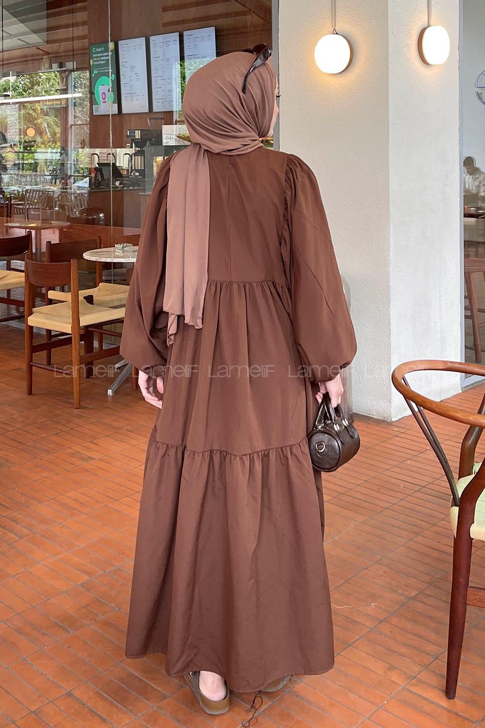 Lamelif Balon Kol Katlı Tesettür Elbise Acı Kahve