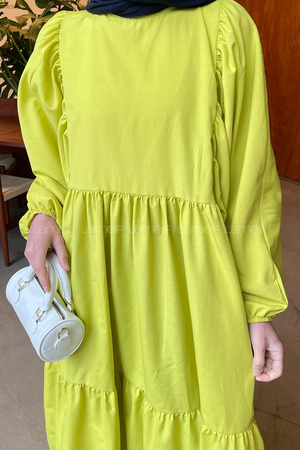 Lamelif Balon Kol Katlı Tesettür Elbise Yağ Yeşili