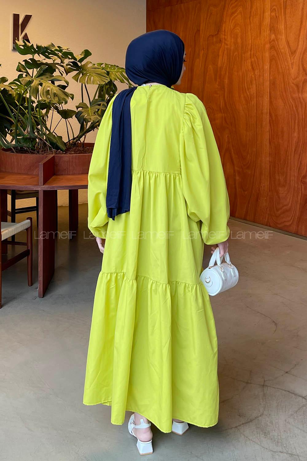 Lamelif Balon Kol Katlı Tesettür Elbise Yağ Yeşili