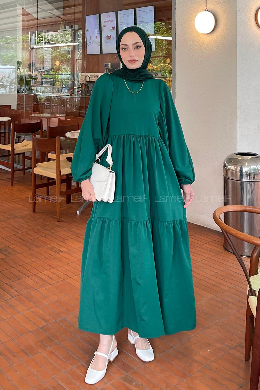 Emerald Green Crew Neck Cotton Printed Dresess