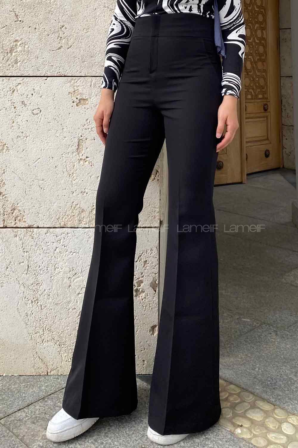 Lamelif Yüksek Bel İspanyol Paça Gizli Cep Pantolon Siyah